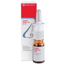 NasenSpray AL 0,1% in einer braunen Flasche mit roter und weißer Schachtel.