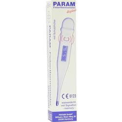Verpackung eines digitalen Fieberthermometers mit Temperaturanzeige und Schutzkappe.