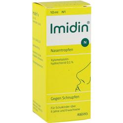Gelbe Verpackung von Imidin Nasentropfen für Schulkinder und Erwachsene gegen Schnupfen.