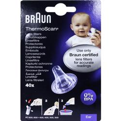 Bild einer Packung Braun ThermoScan Linsenschutzkappen mit Babyfoto und Anwendungshinweisen.
