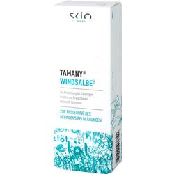 Weiße Verpackung einer Windsalbe für Babys gegen Blähungen.