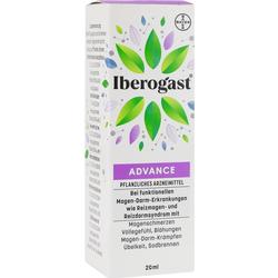 Weiße Verpackung mit grünem Blattmuster und lila Streifen, darauf steht "Iberogast Advance".